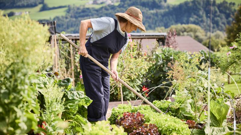 Elisabeth Lindebner bei der Gartenarbeit - Der Brandstetterhof