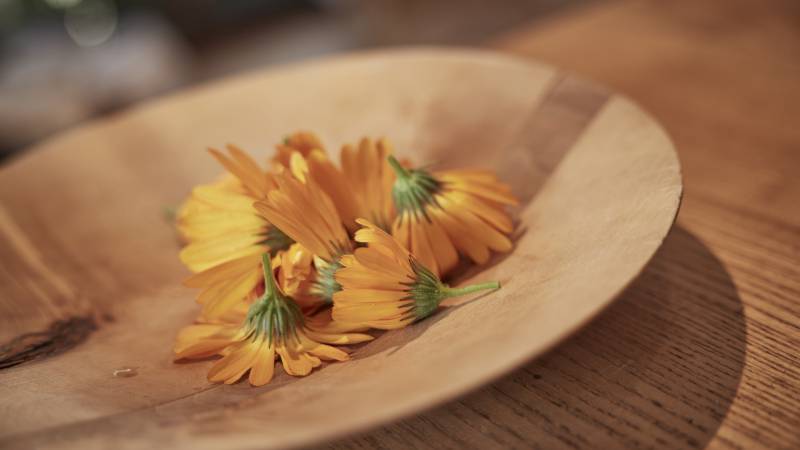 gelbe Blüten auf Holzteller