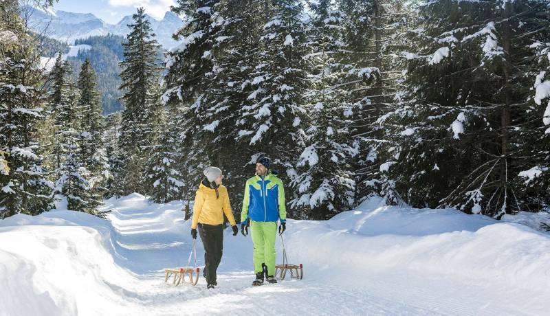 Paar ziehen Schlitten in Winterlandschaft hinter sich her